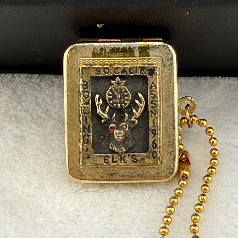 Vintage Elks Lodge Key Chain Bowling Assn 1960 Pill Box Locket Gold Tone READ